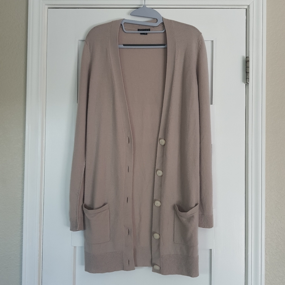 Theory Alvina Cashmere Long Cardigan Womens M Beige Button Ribbed Trim